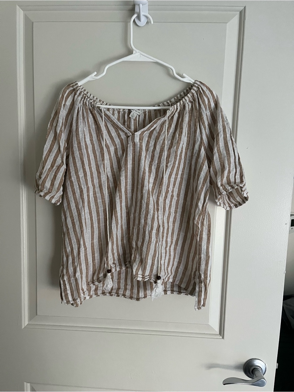Cato Beige and White Striped Off-Shoulder Blouse